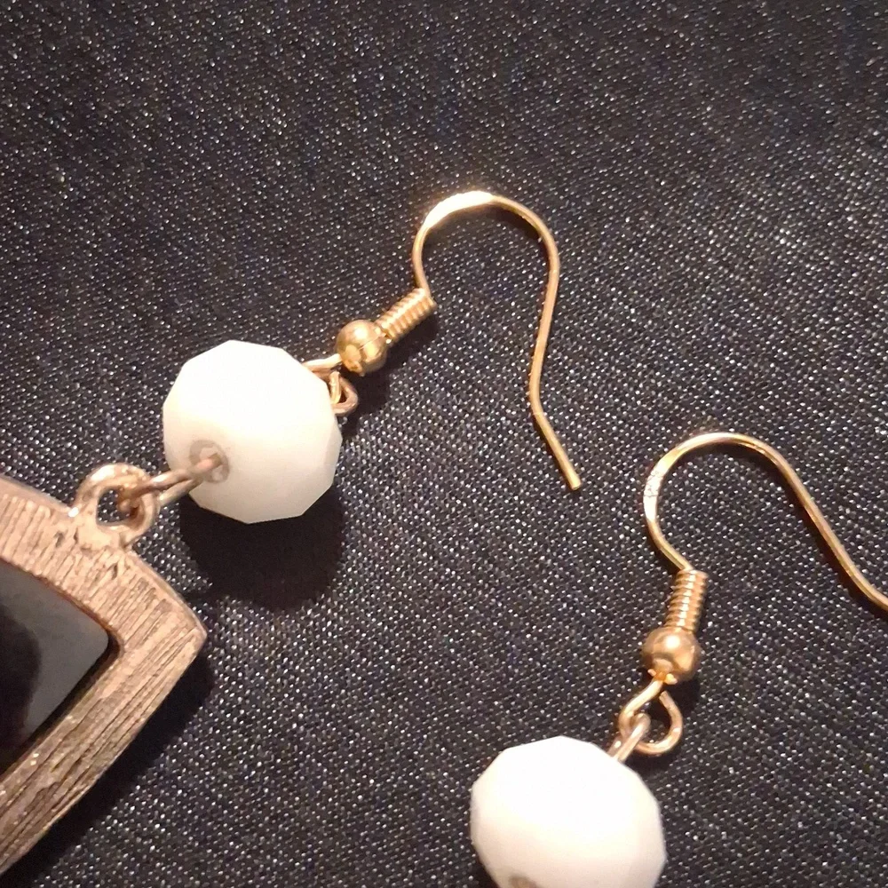 Black Geometric, Gold Over 925 Dangle Hooks Earrings . - Picture 8 of 9